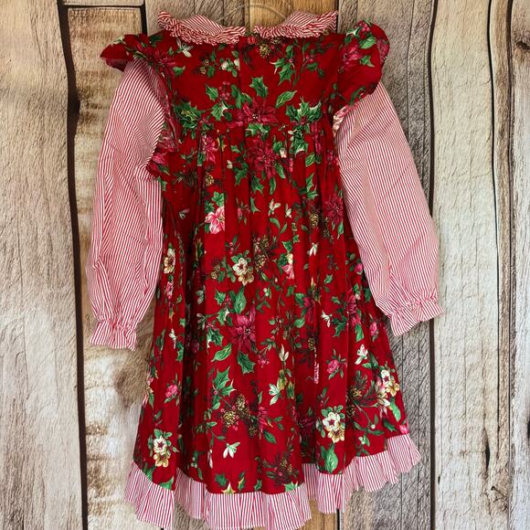 Rare Editions Dress Vintage Girls Christmas Red Floral Striped Cotton Made USA 6 - Picture 2 of 7